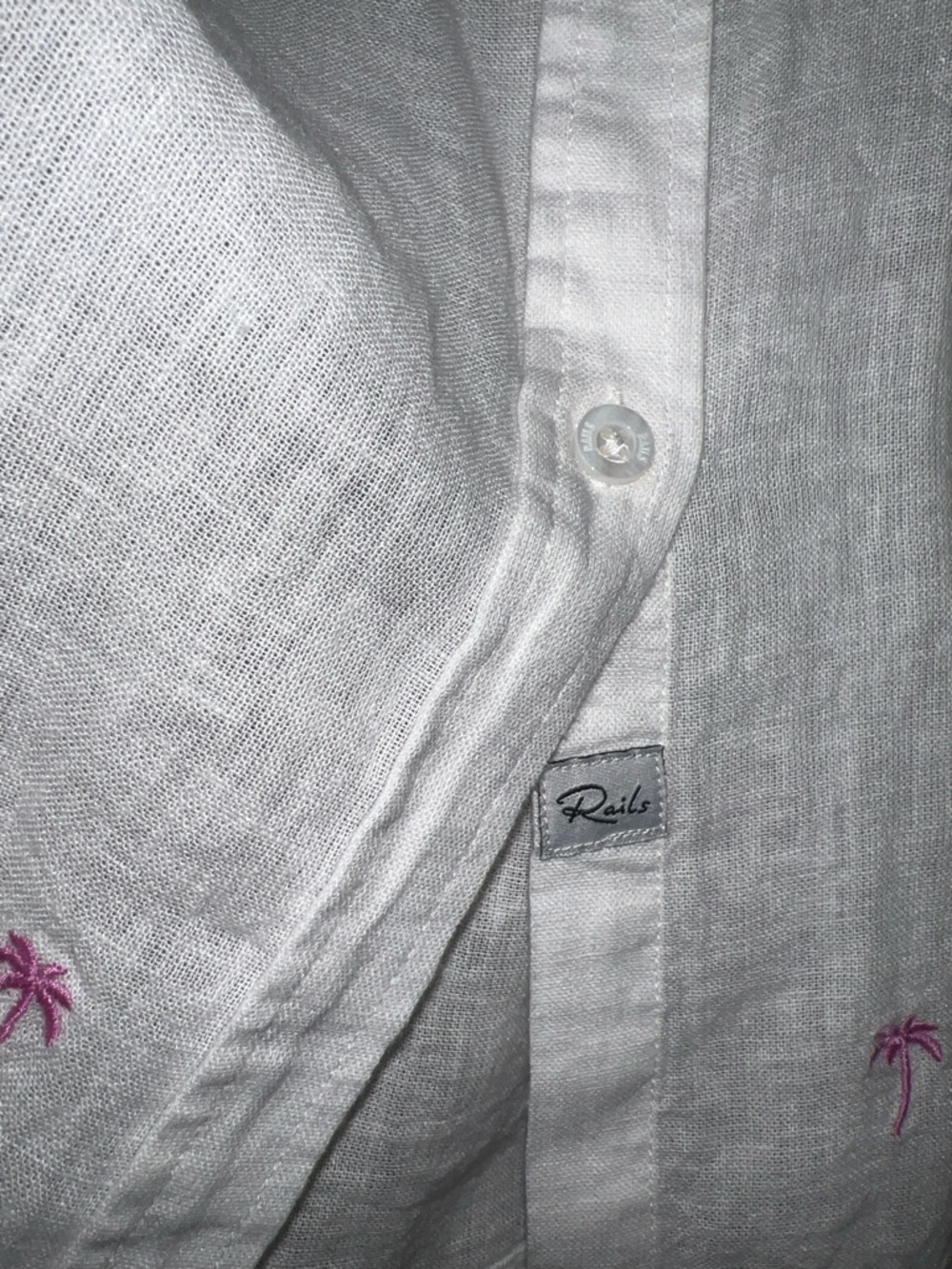 Rails White Linen Button-Up Shirt with Pink Palm Embroidery-never worn! - Picture 2 of 4